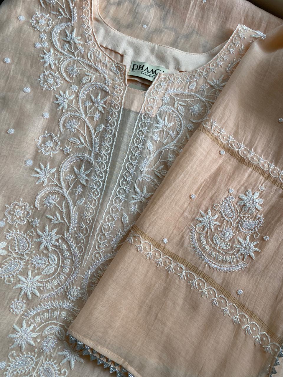 Peach Mul Chanderi Chikankari Kurta Set