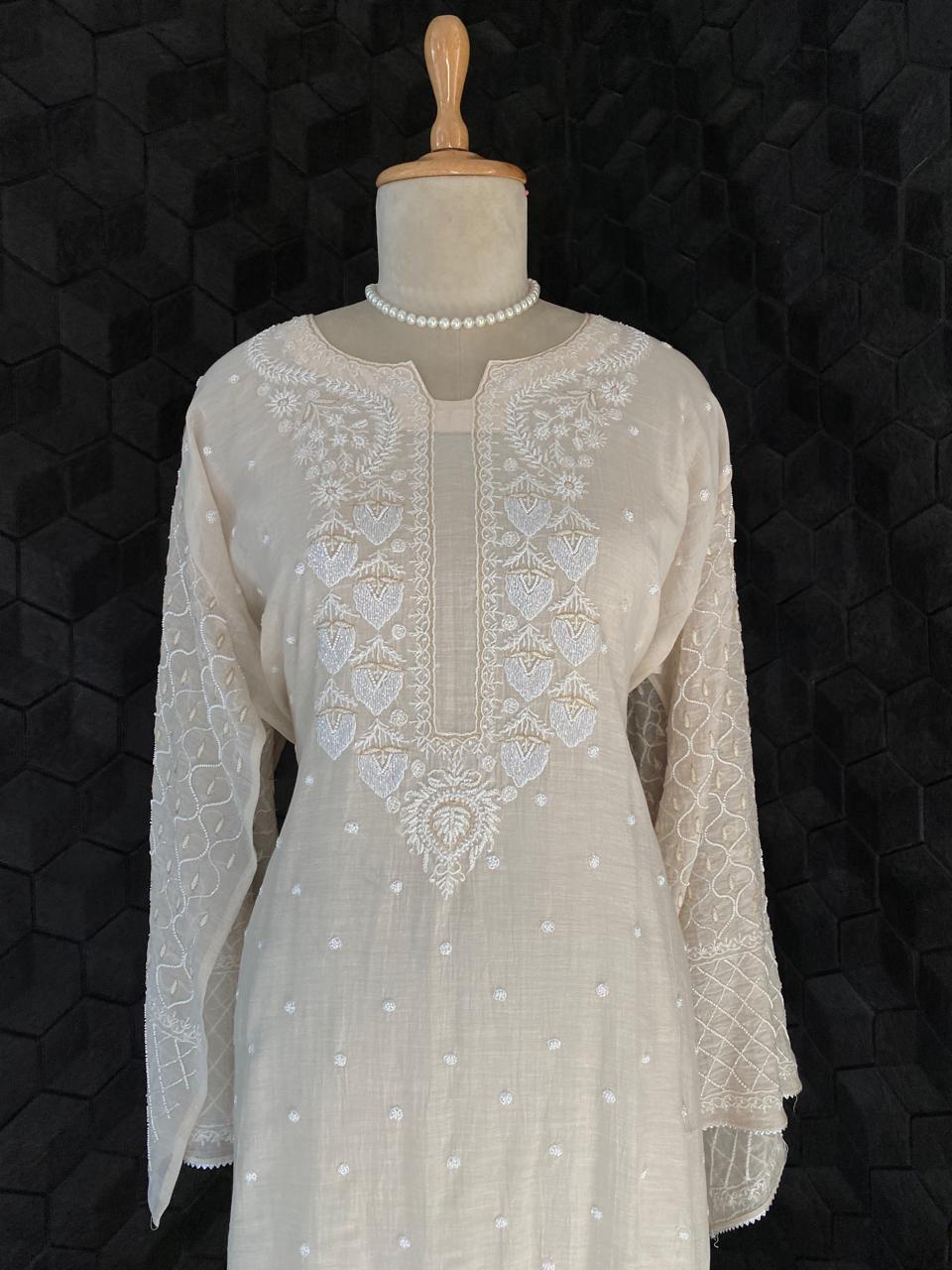 Beige Mul Chanderi Chikankari Kurta Set