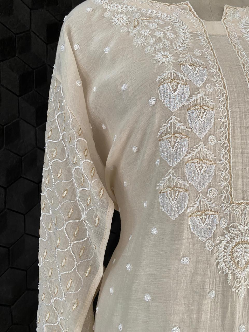 Beige Mul Chanderi Chikankari Kurta Set