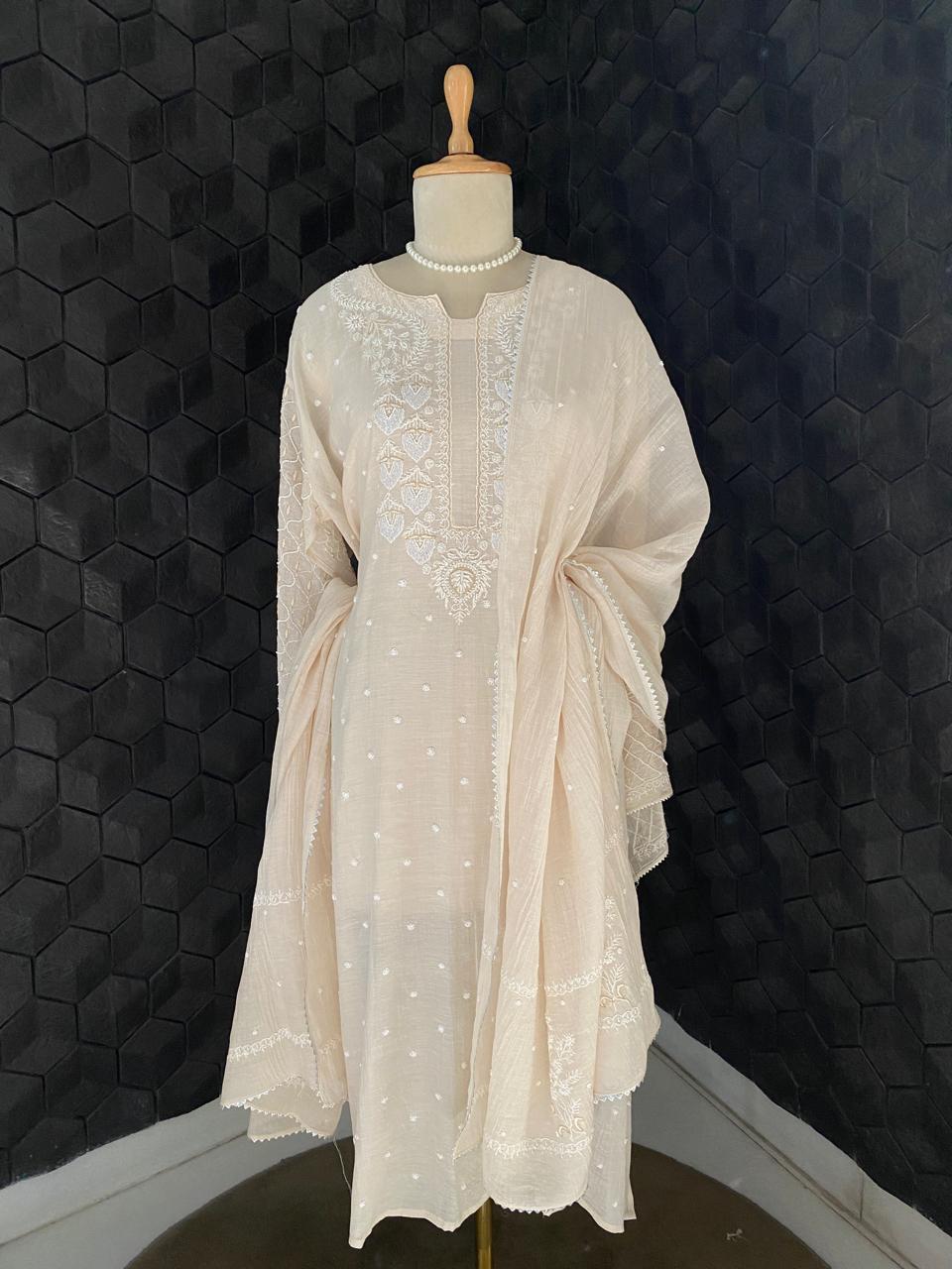 Beige Mul Chanderi Chikankari Kurta Set