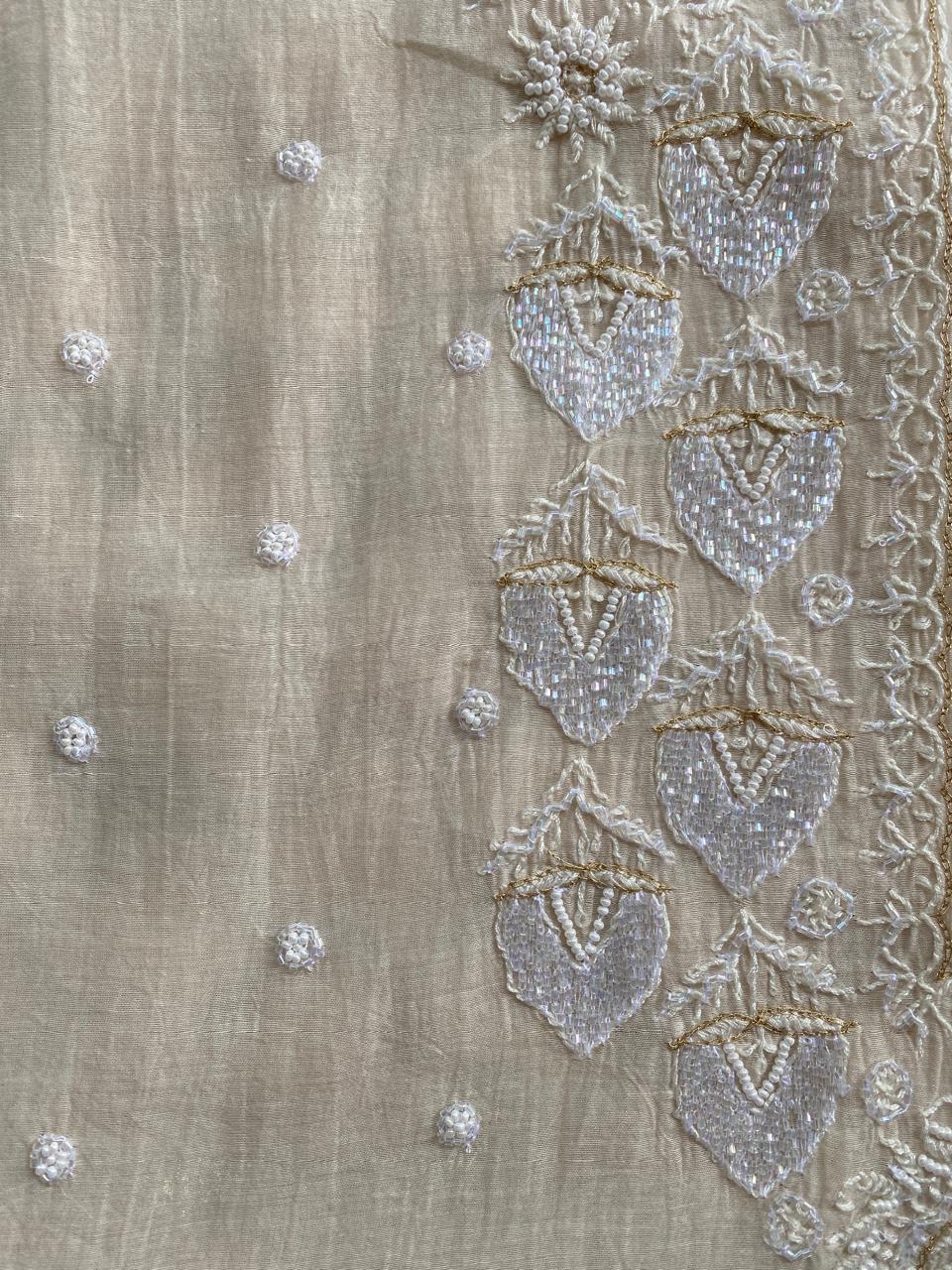 Beige Mul Chanderi Chikankari Kurta Set
