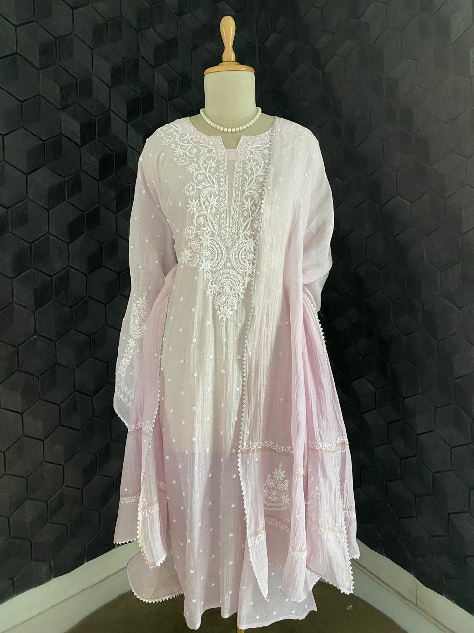 Lilac Mul Chanderi Chikankari Kurta Set
