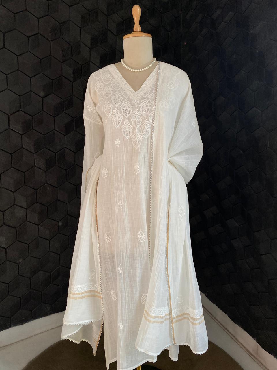 White Mul Chanderi Chikankari Kurta Set