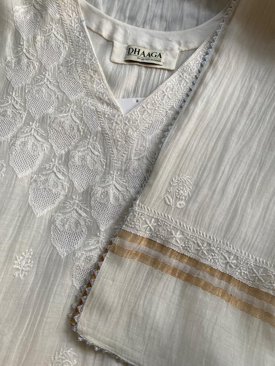 White Mul Chanderi Chikankari Kurta Set