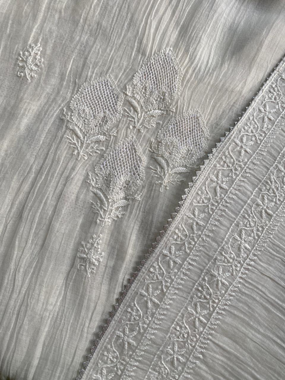 White Mul Chanderi Chikankari Kurta Set