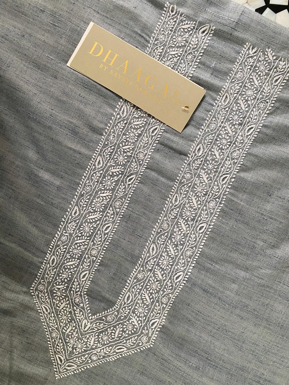 Ash Blue Moonga Silk Chikankari Men’s Kurta