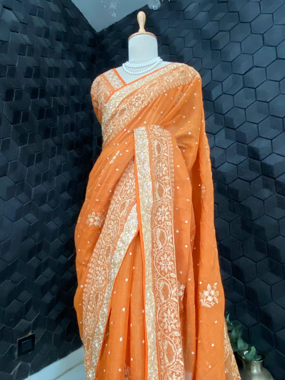 Rust Orange Chikankari Saree in Golden Tissue
