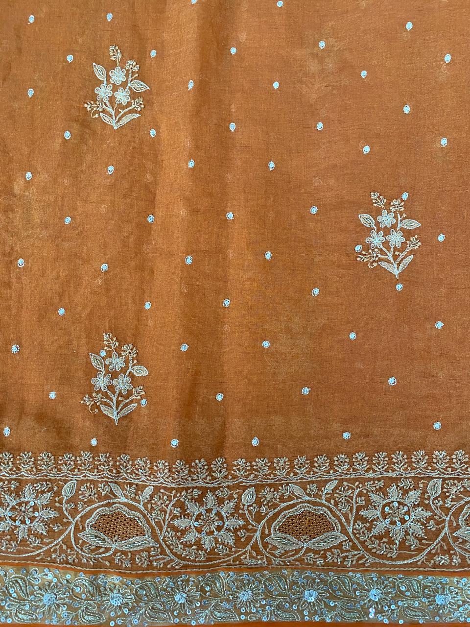 Rust Orange Chikankari Saree in Golden Tissue