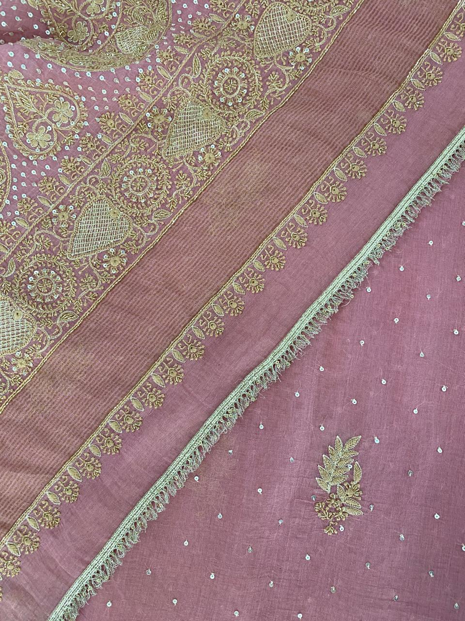 Onion Pink Chikankari Saree in Golden Tissue