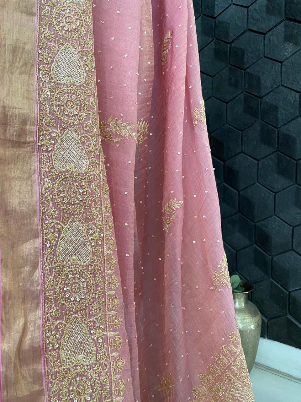 Onion Pink Chikankari Saree in Golden Tissue