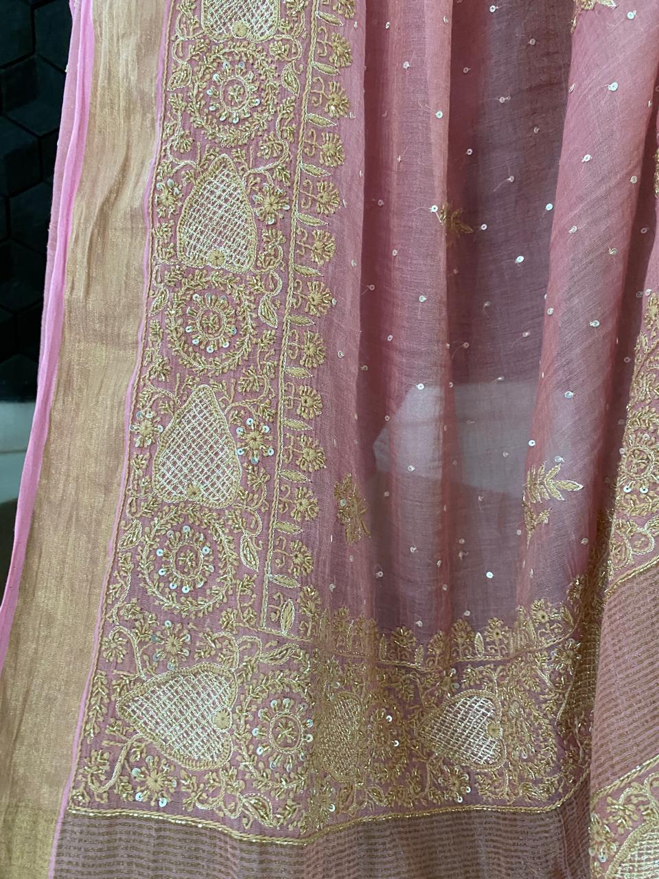 Onion Pink Chikankari Saree in Golden Tissue