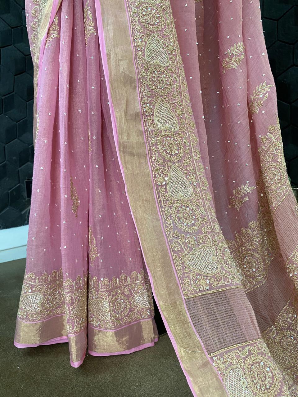 Onion Pink Chikankari Saree in Golden Tissue