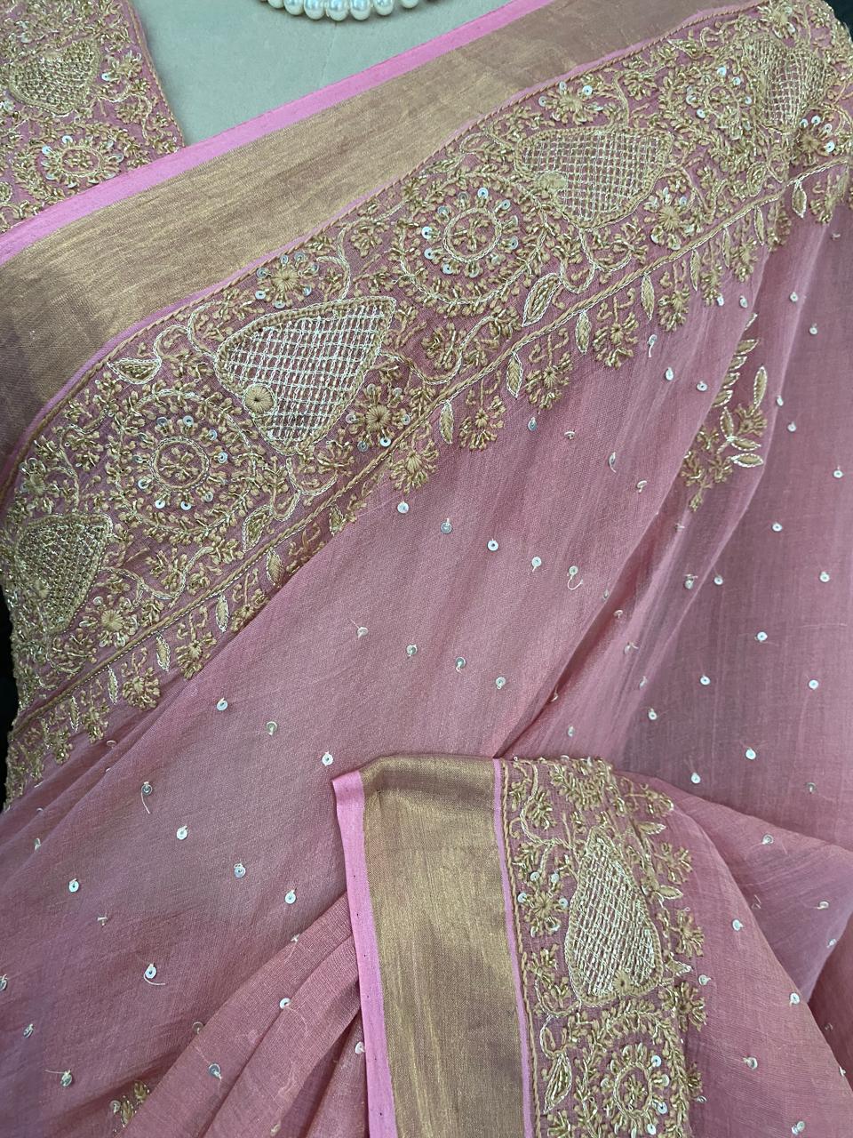 Onion Pink Chikankari Saree in Golden Tissue