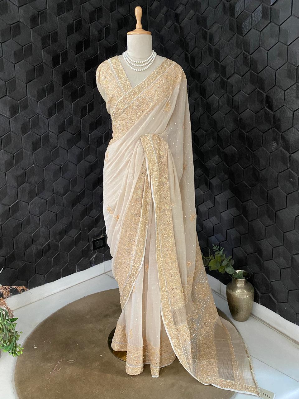 Beige Chikankari Saree in Golden Tissue