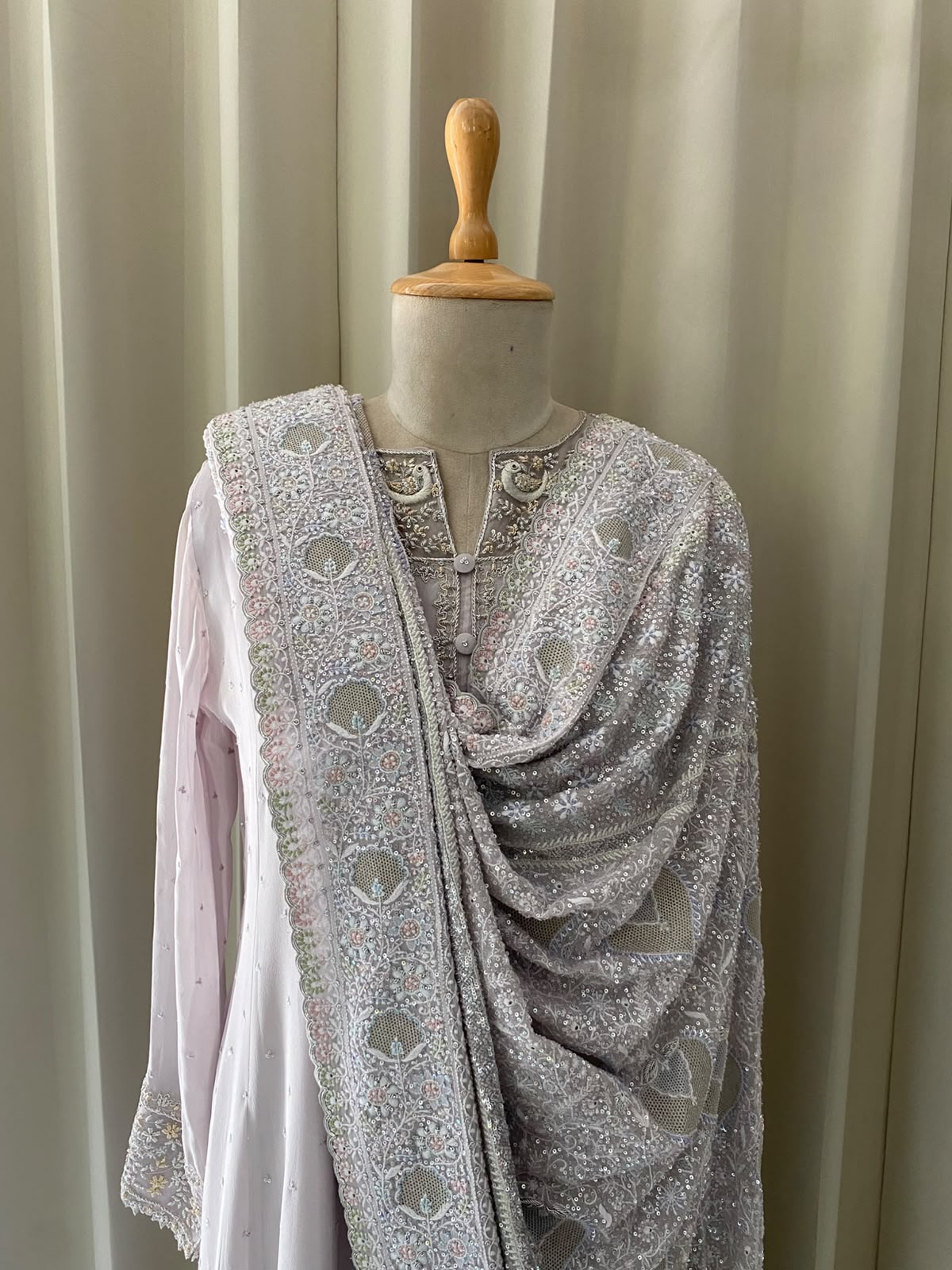 Lilac Georgette Anarkali Set with Embroidered Heavy Dupatta