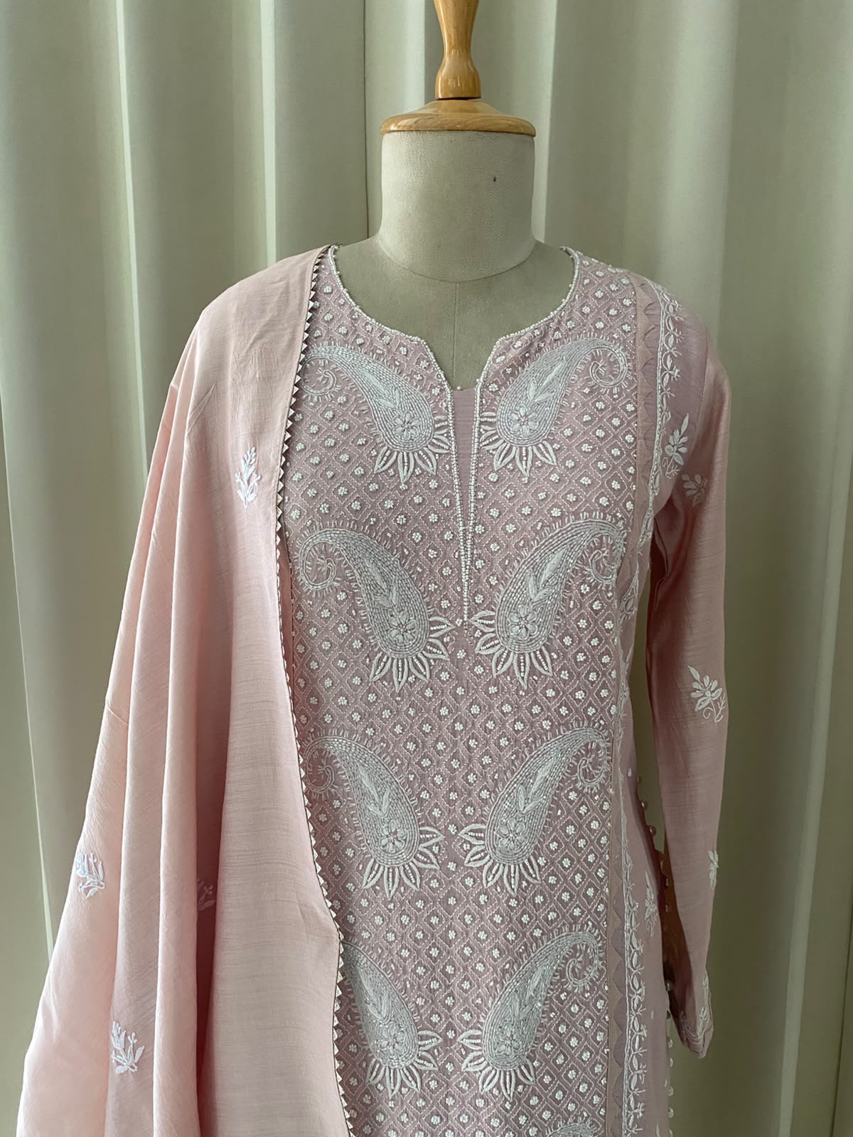 Pastel Pink Moonga Silk Kurta Set with Paisley Chikankari, Pearl & Cut Dana Work