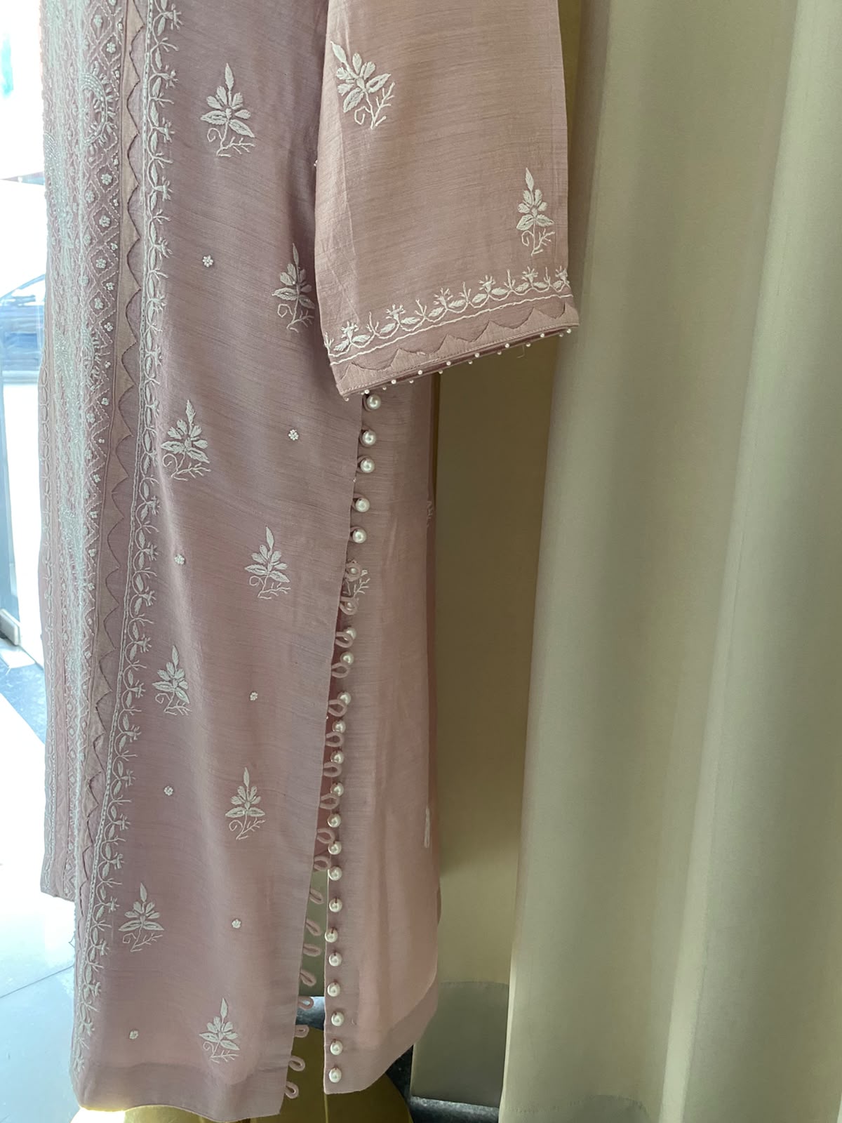 Pastel Pink Moonga Silk Kurta Set with Paisley Chikankari, Pearl & Cut Dana Work