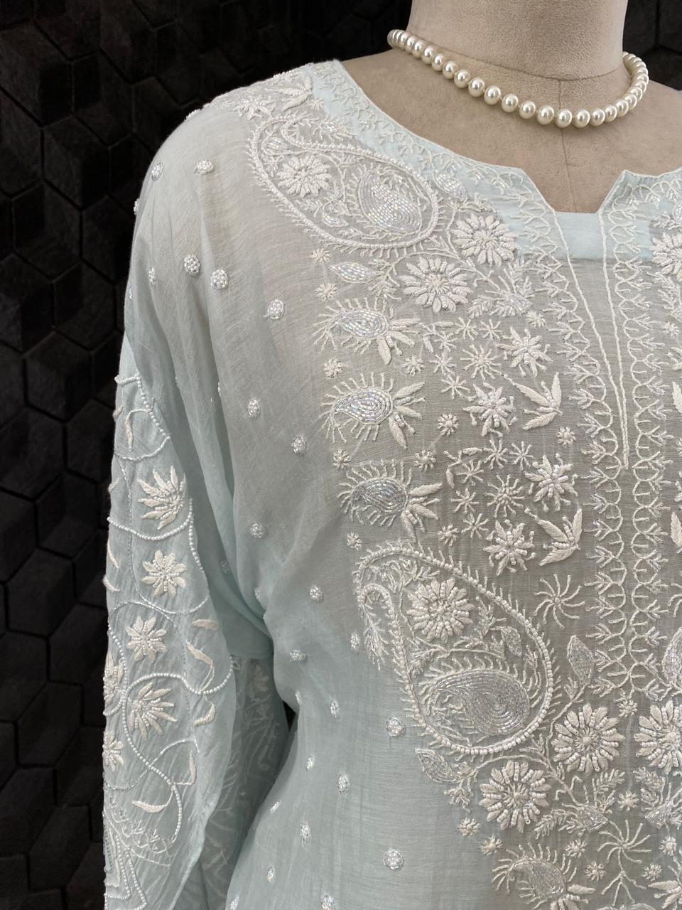 Sea Green Mul Chanderi Chikankari Kurta Set
