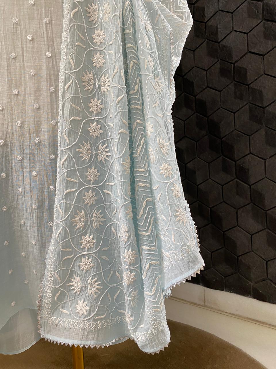 Sea Green Mul Chanderi Chikankari Kurta Set