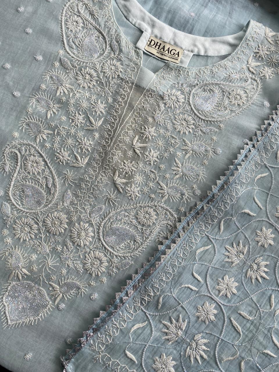 Sea Green Mul Chanderi Chikankari Kurta Set