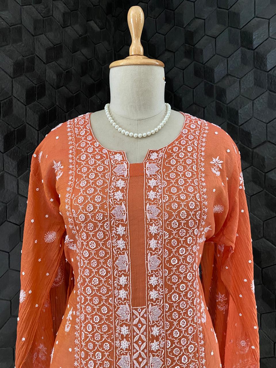 Rust Orange Golden Tissue Chikankari Kurta Set