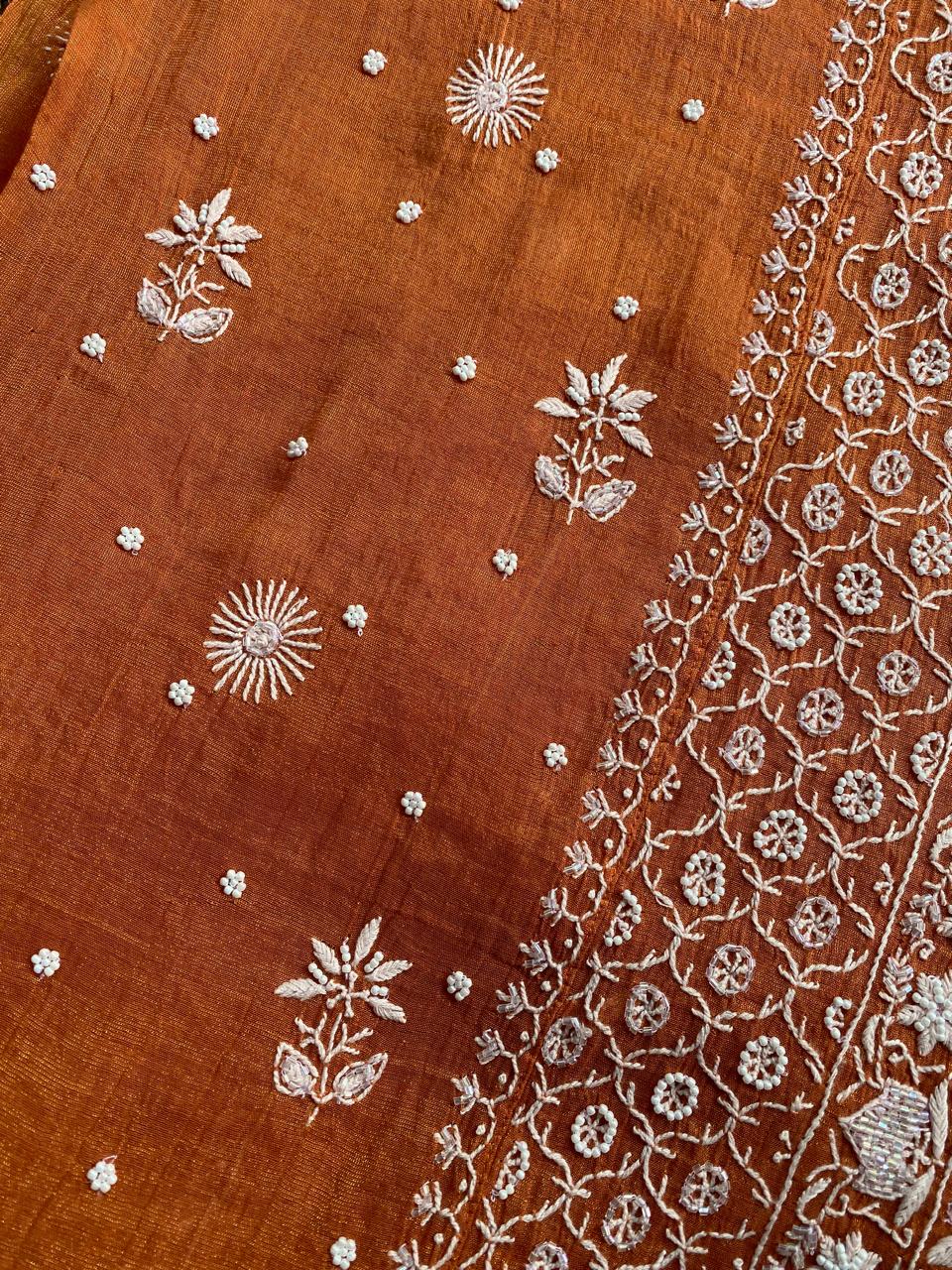 Rust Orange Golden Tissue Chikankari Kurta Set