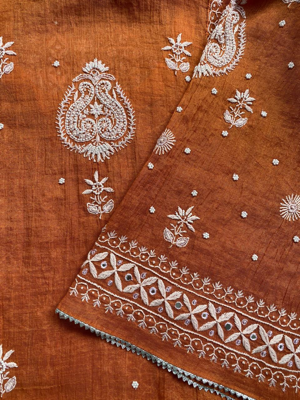 Rust Orange Golden Tissue Chikankari Kurta Set