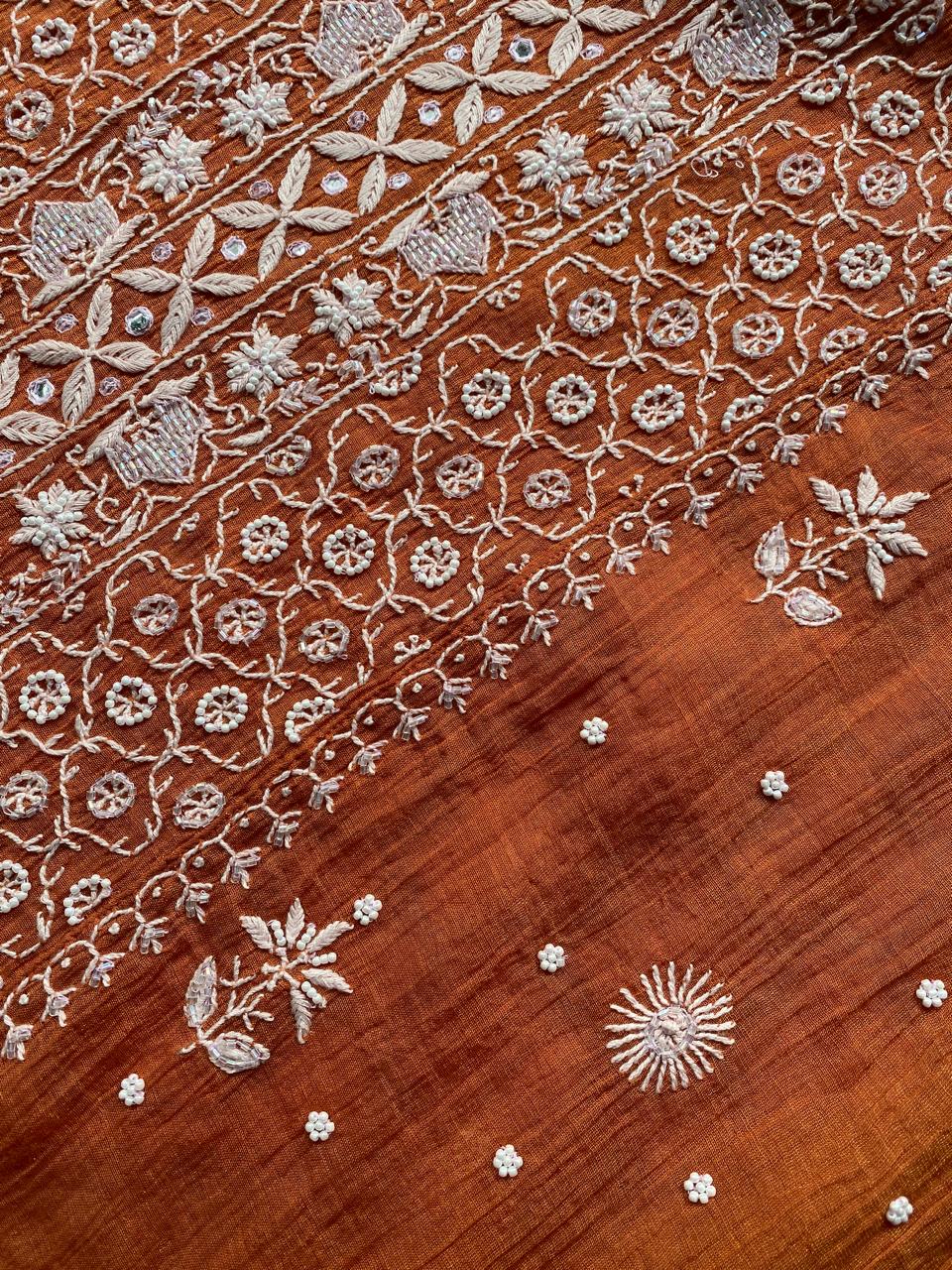 Rust Orange Golden Tissue Chikankari Kurta Set