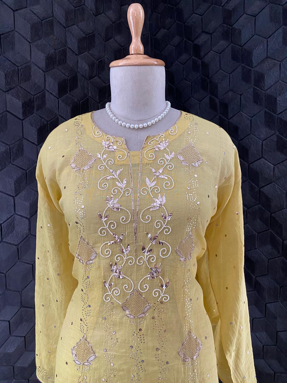 Yellow Golden Tissue Mukaish and Kamdani Kurta Set