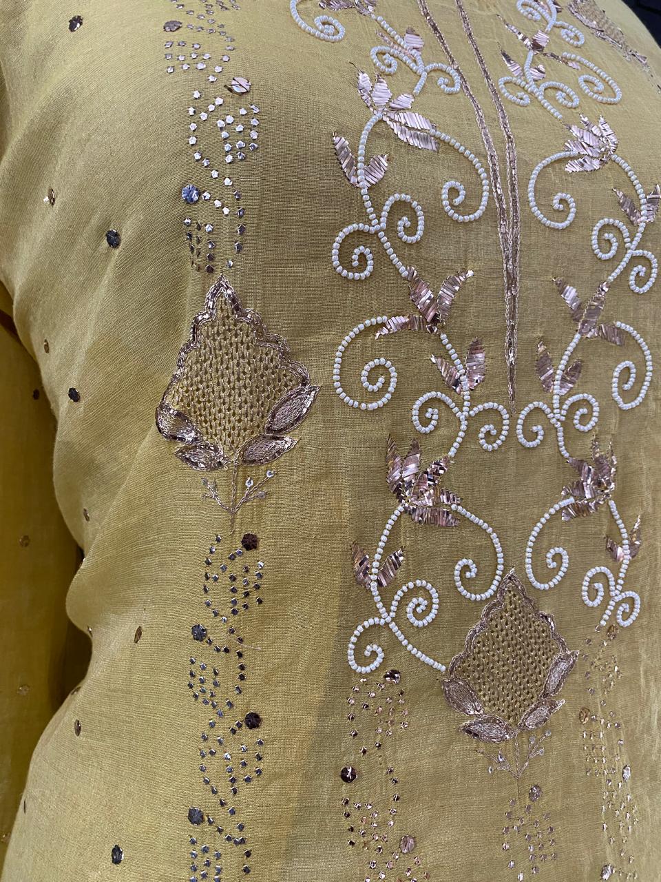 Yellow Golden Tissue Mukaish and Kamdani Kurta Set