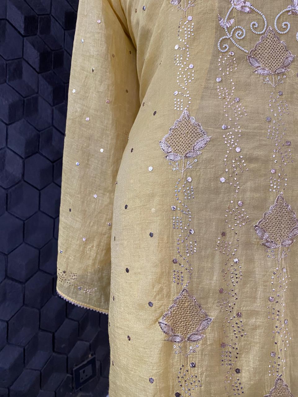 Yellow Golden Tissue Mukaish and Kamdani Kurta Set