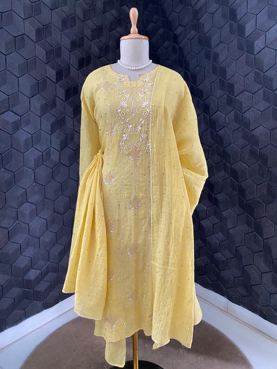 Yellow Golden Tissue Mukaish and Kamdani Kurta Set