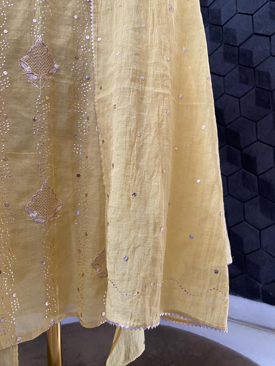 Yellow Golden Tissue Mukaish and Kamdani Kurta Set