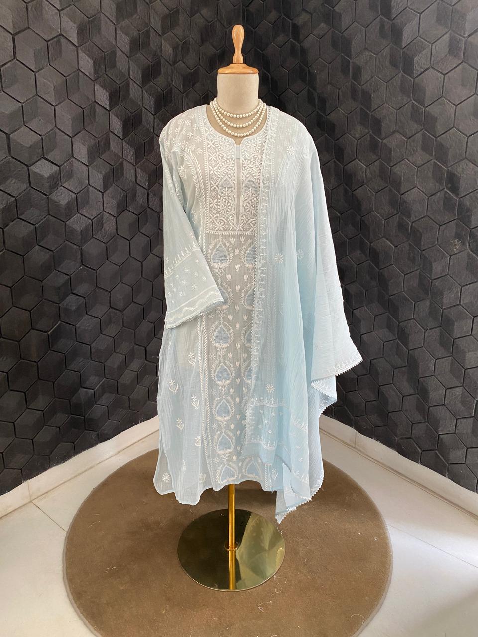 Sky Blue Mul Chanderi Chikankari Kurta Set