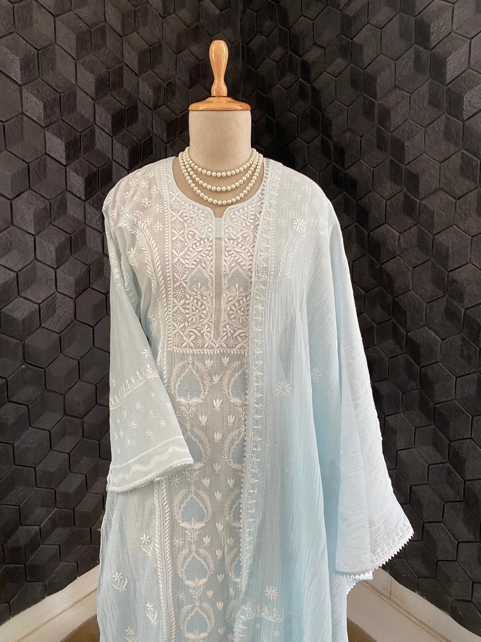 Sky Blue Mul Chanderi Chikankari Kurta Set