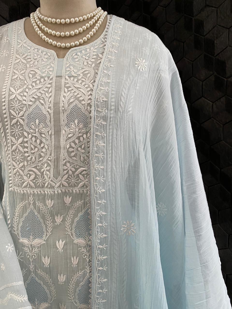 Sky Blue Mul Chanderi Chikankari Kurta Set