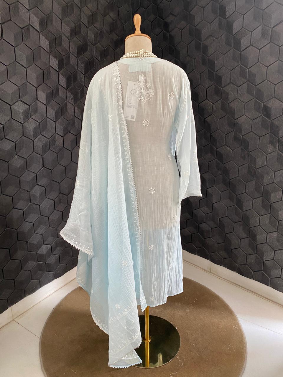 Sky Blue Mul Chanderi Chikankari Kurta Set