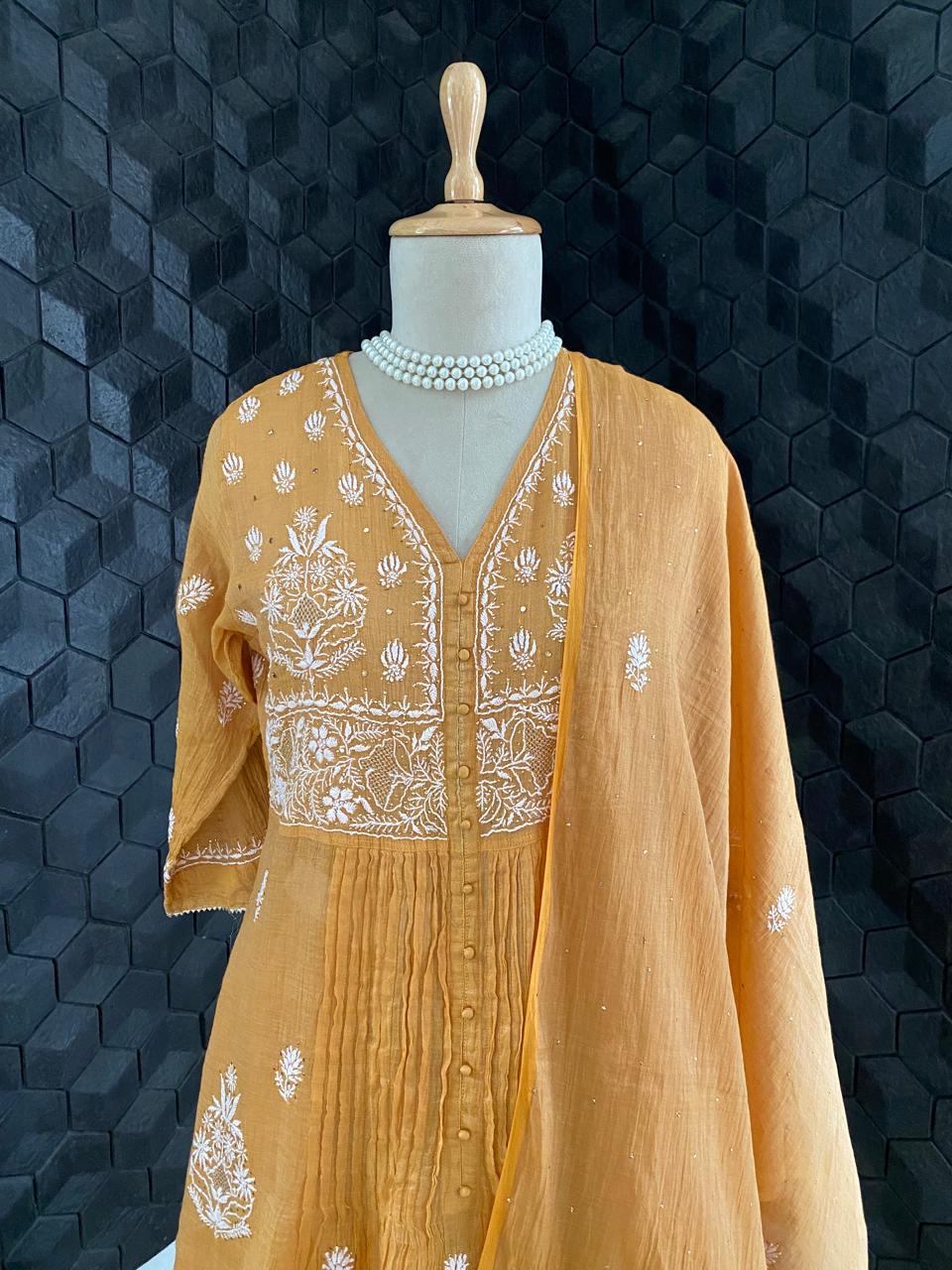 Mustard Sliver Tissue Chikankari sharara set
