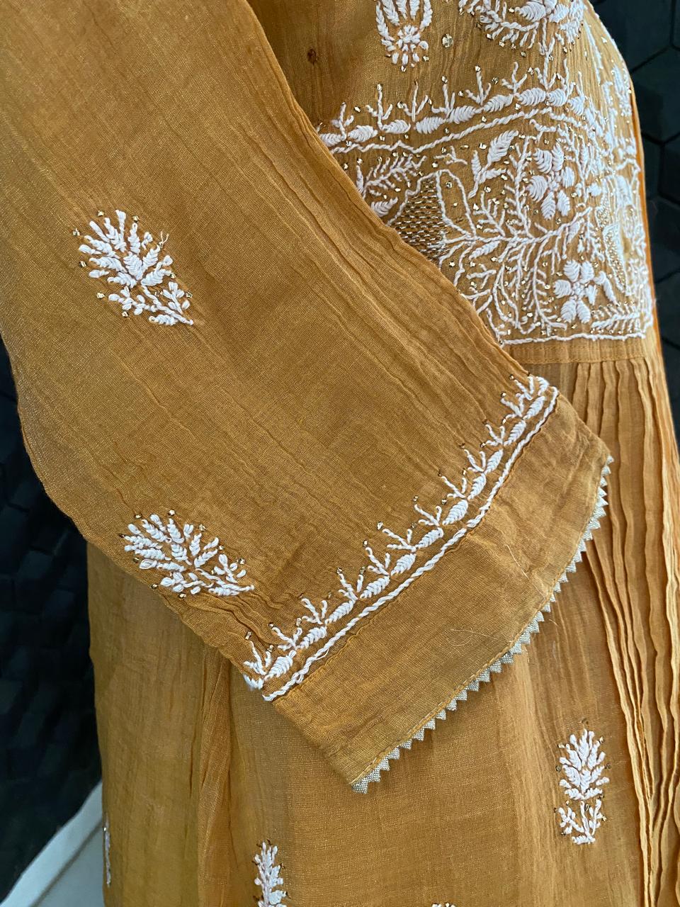 Mustard Sliver Tissue Chikankari sharara set
