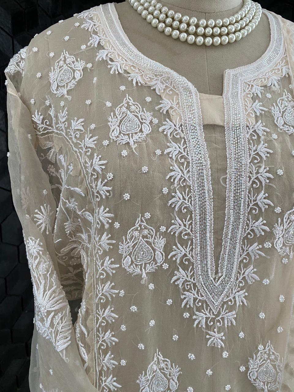 Beige Chikankari Kurta set in pure organza