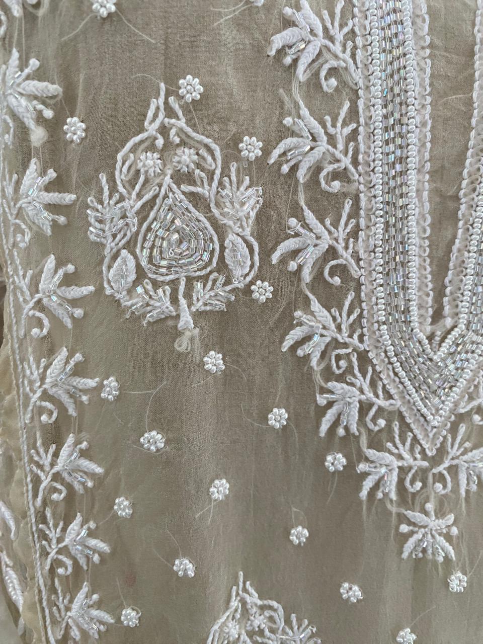 Beige Chikankari Kurta set in pure organza