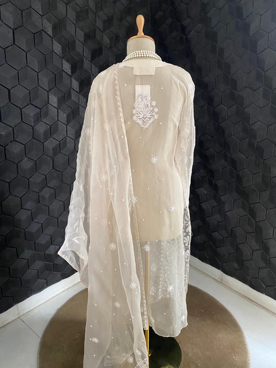 Beige Chikankari Kurta set in pure organza