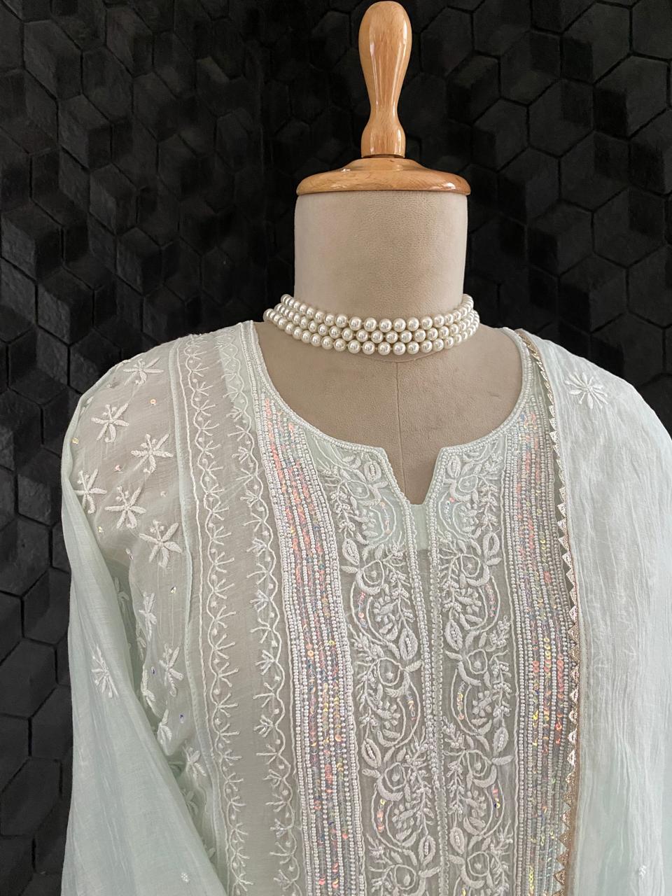 Sea Green Mul Chanderi Chikankari Kurta Set