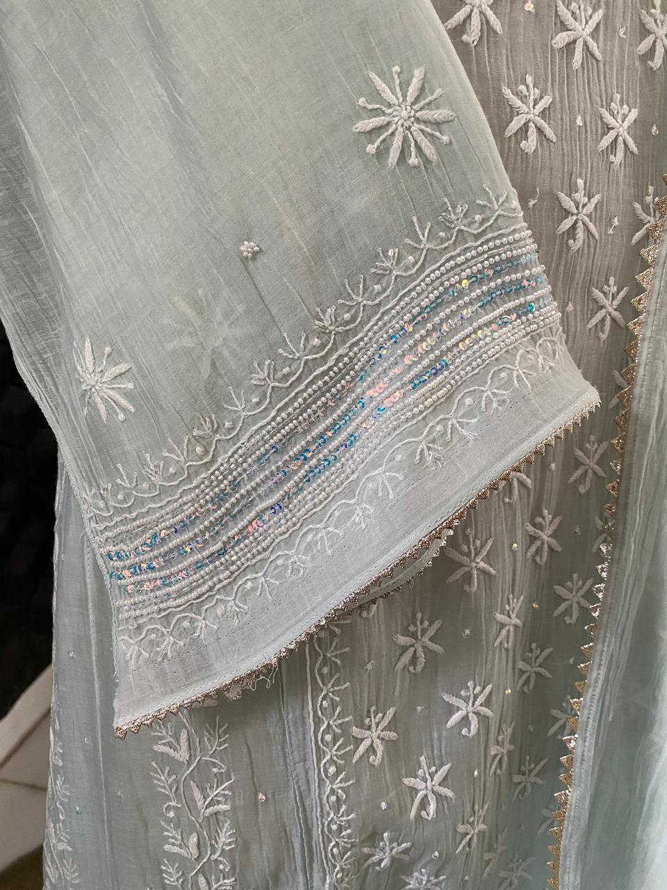 Sea Green Mul Chanderi Chikankari Kurta Set