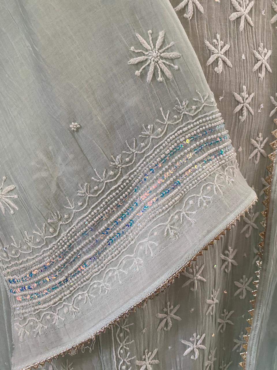Sea Green Mul Chanderi Chikankari Kurta Set