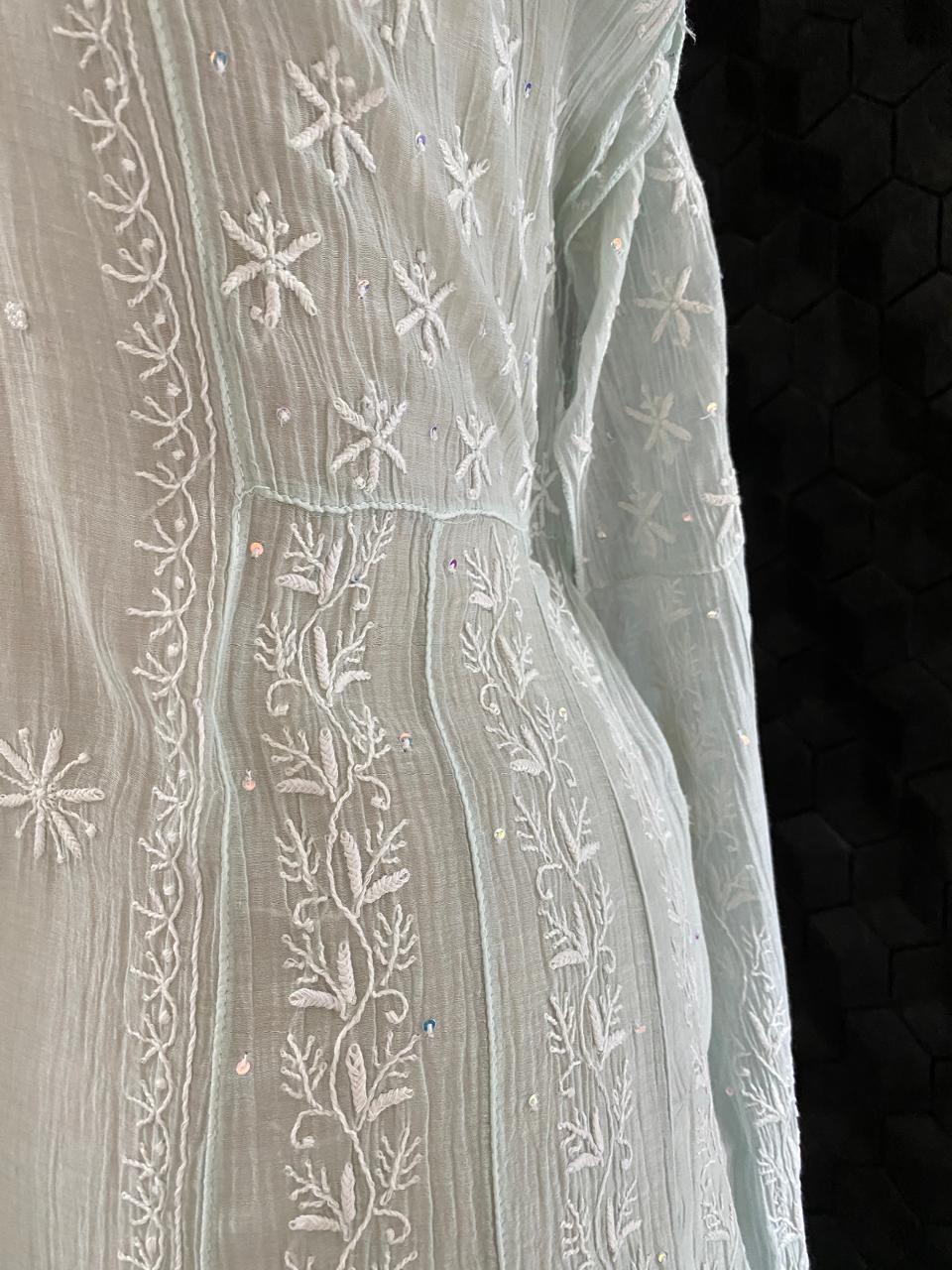 Sea Green Mul Chanderi Chikankari Kurta Set