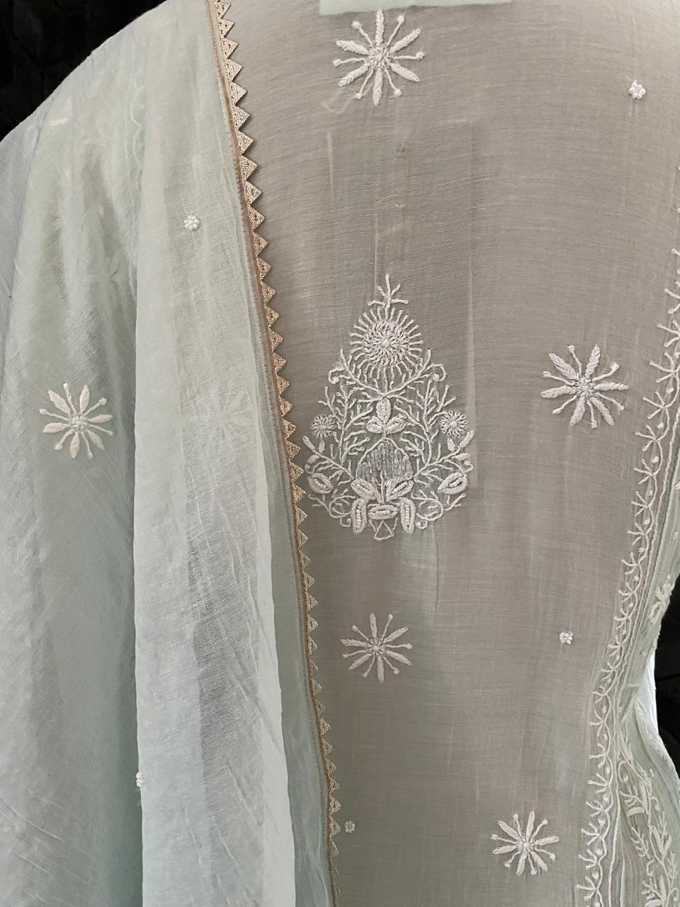 Sea Green Mul Chanderi Chikankari Kurta Set