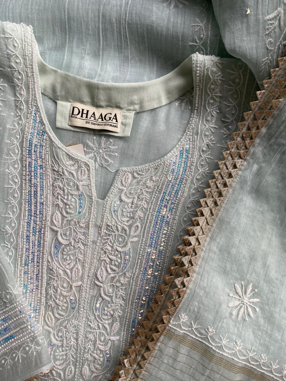Sea Green Mul Chanderi Chikankari Kurta Set