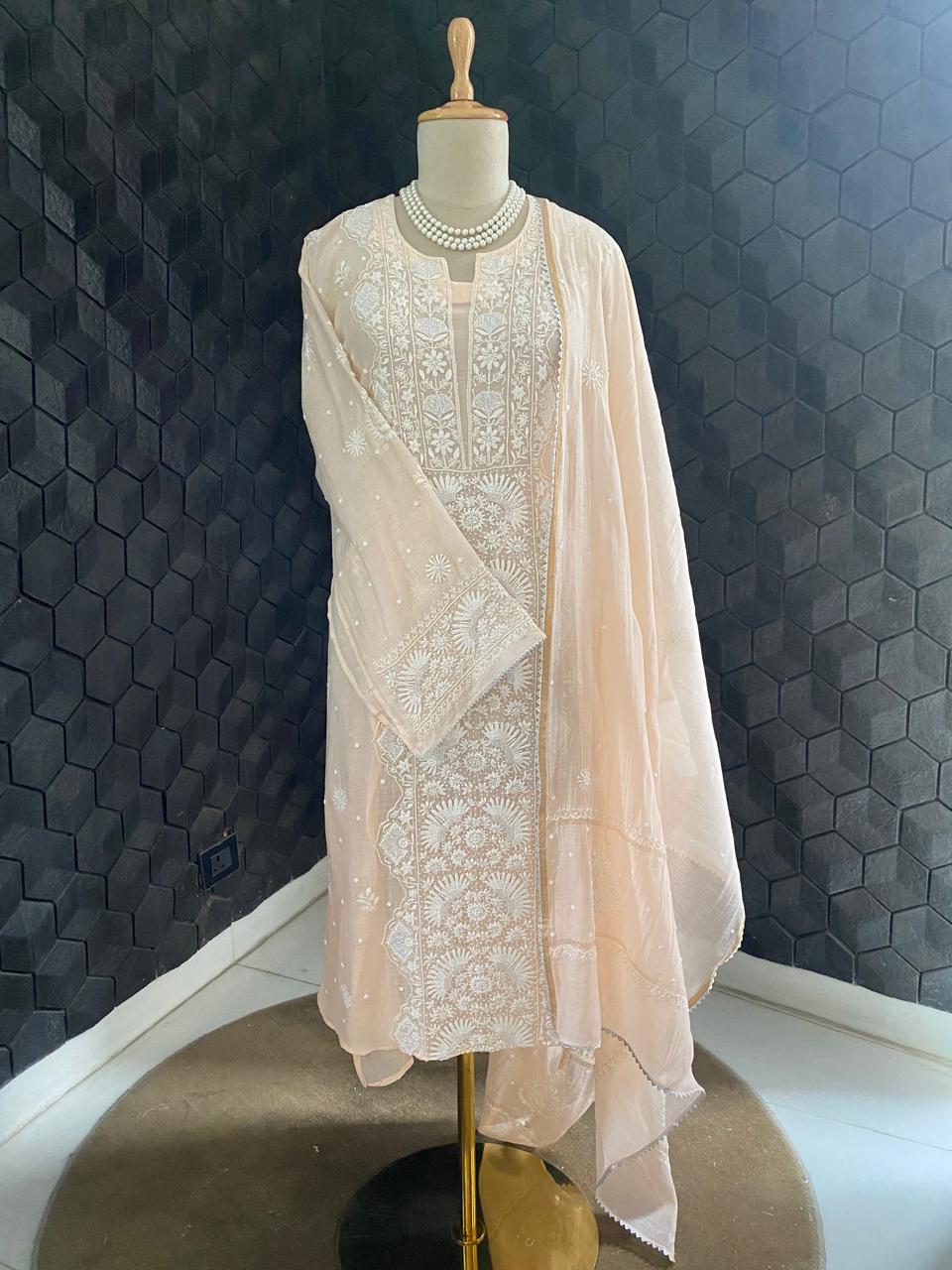 Peach Mul Chanderi Chikankari Kurta Set