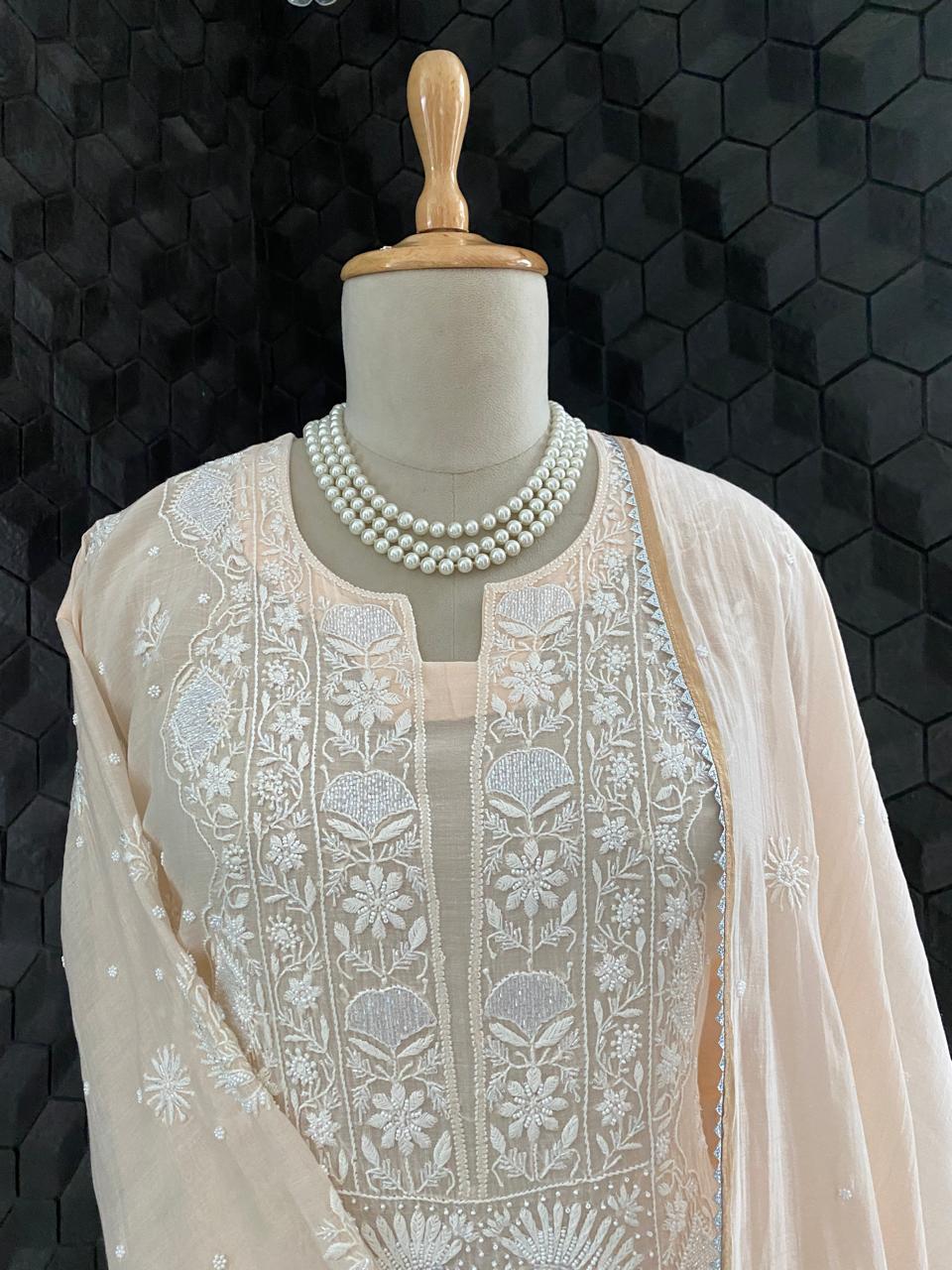 Peach Mul Chanderi Chikankari Kurta Set
